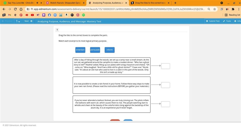 Match each excerpt to its most logical primary purpose. 50 pts-example-1