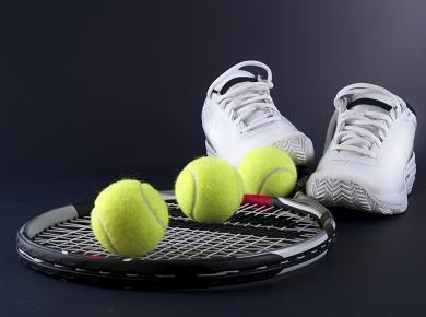 Take a look at the image. Sneakers, a tennis racket, and tennis balls. Which header-example-1