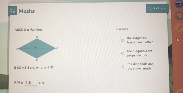 Because bisects perpendicular diagonals-example-1