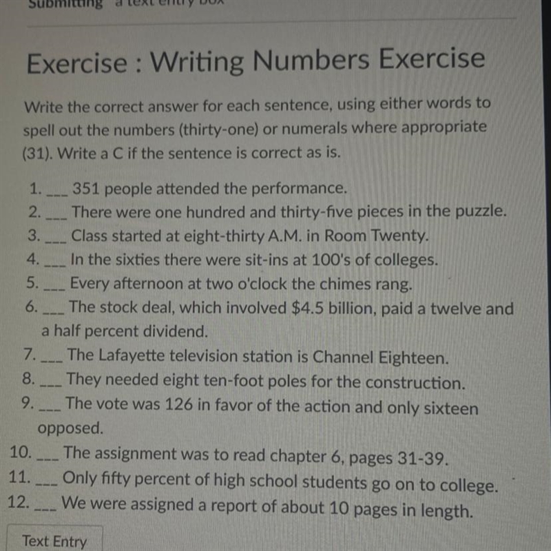 Exercise : Writing Numbers Exercise Write the correct answer for each sentence, using-example-1