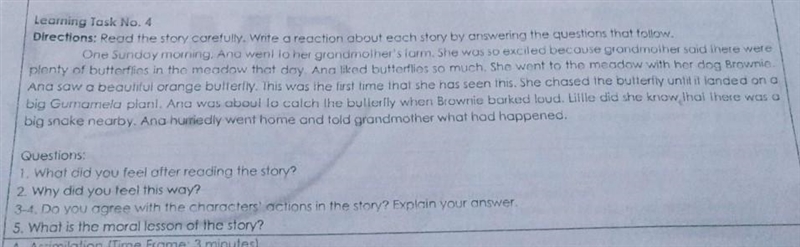 Leaming Task No. 4 Directions: Read the story carefully. Write a reaction about each-example-1