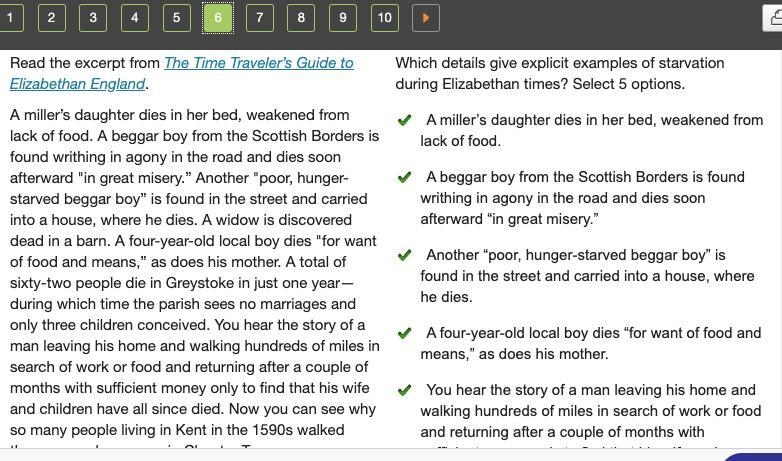 Which details give explicit examples of starvation during Elizabethan times? Select-example-1