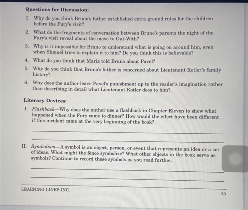 Questions from the book called the boy in the striped pajamas-example-1