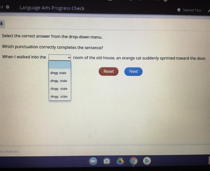 Select the correct answer from the drop-down menu. Which punctuation correctly completes-example-1