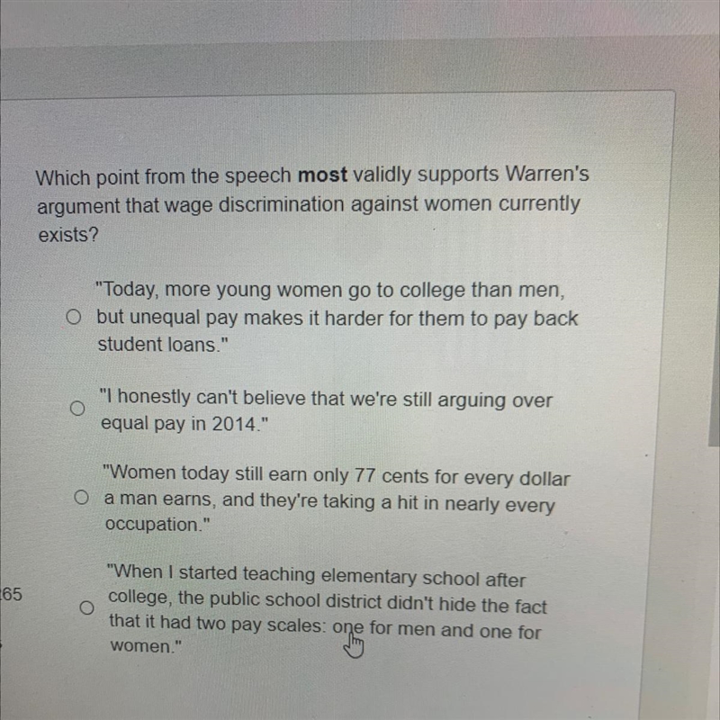 Which point from the speech most validly supports Warren's argument that wage discrimination-example-1