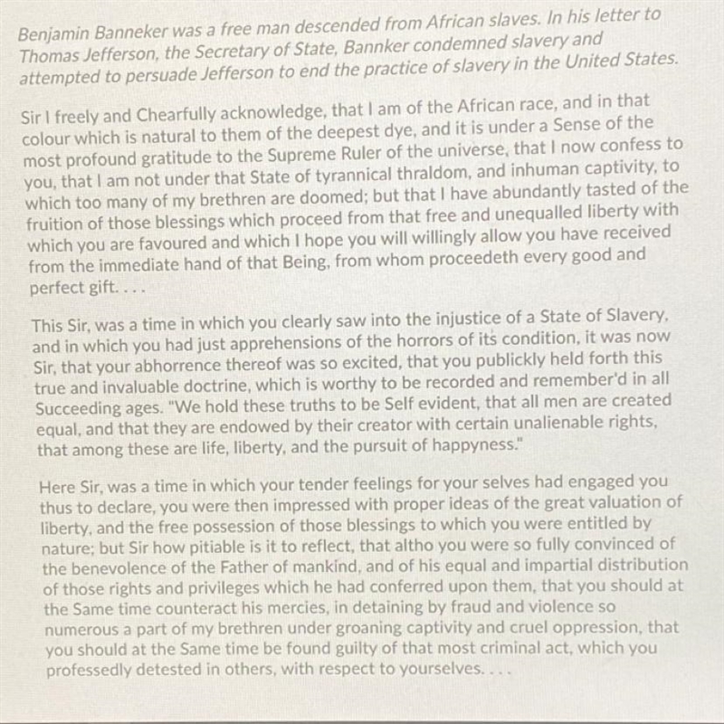 What is a claim(main point) of Benjamin Banneker‘s letter to Thomas Jefferson A. Former-example-1