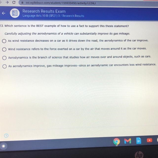 Which sentence is the best example of how to use a fact to support this thesis statement-example-1