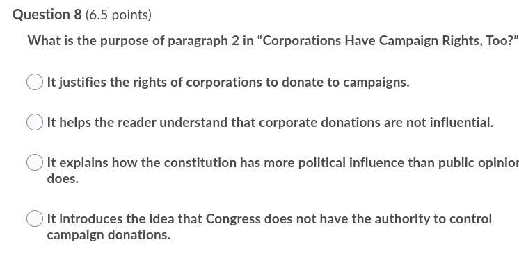 What is the purpose of paragraph 2 in “Corporations Have Campaign Rights, Too?”-example-1