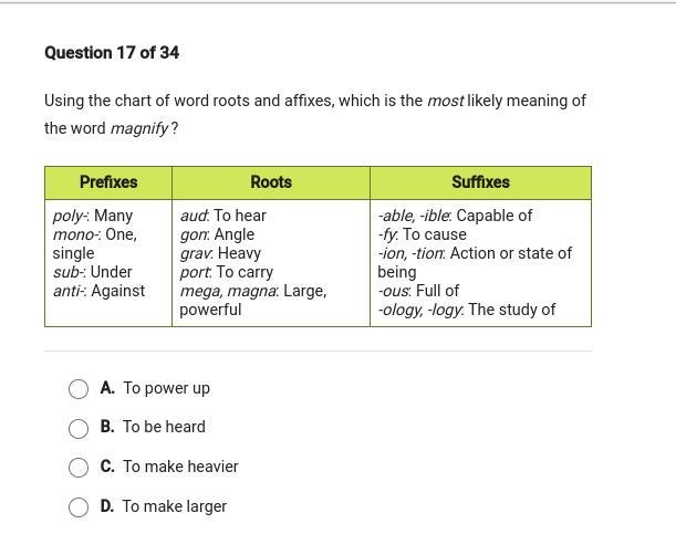 Using the chart of words root and affixes, which is most likely meaning of the word-example-1