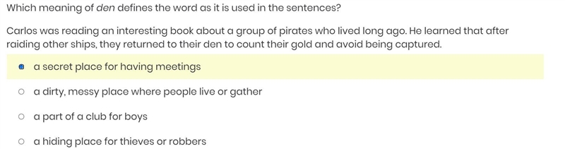 Please help me Which meaning of den defines the word as it is used in the sentences-example-1