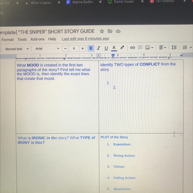 What are the answers? I have to have direct examples from the story. Story: The sniper-example-1