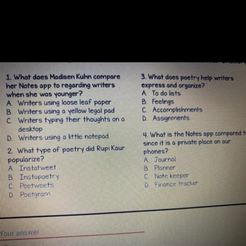 3. What does poetry help writers express and organize? A To do lists B Feelings C-example-1