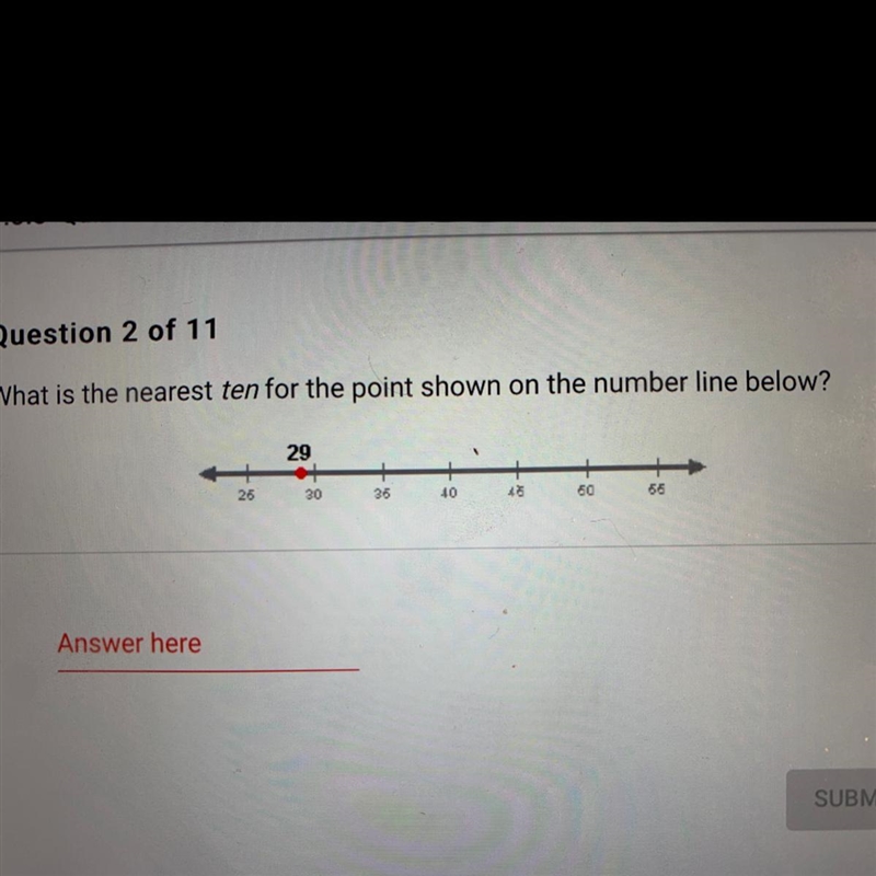 What is the nearest ten for the point shown on the number line below?-example-1