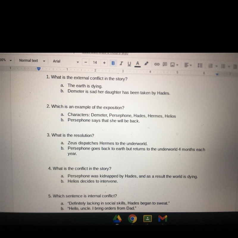 1. What is the external conflict in the story? a. The earth is dying. b. Demeter is-example-1