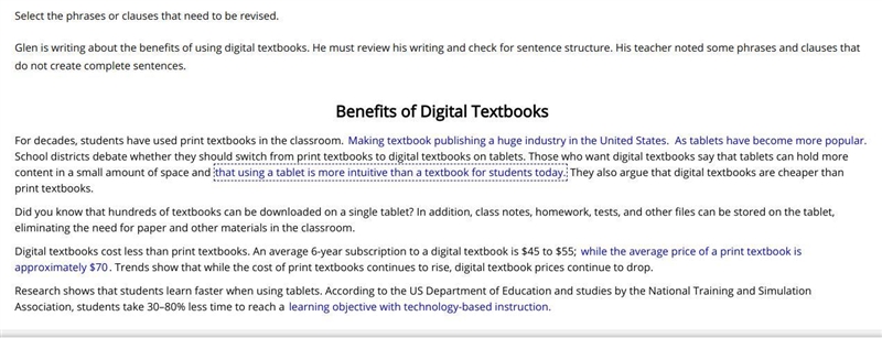 Select the phrases or clauses that need to be revised. Glen is writing about the benefits-example-1