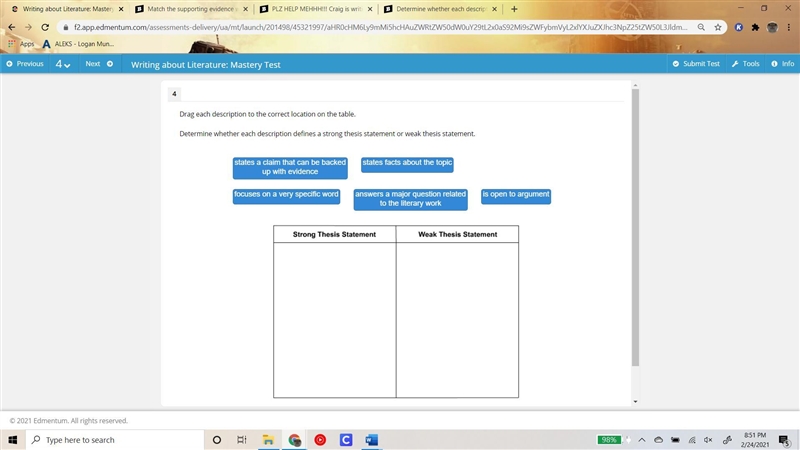 Determine whether each description defines a strong thesis statement or weak thesis-example-1