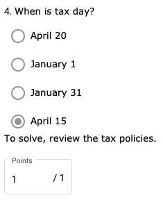 When is tax day? - April 20 - January 1 - January 31 ✅April 15-example-1