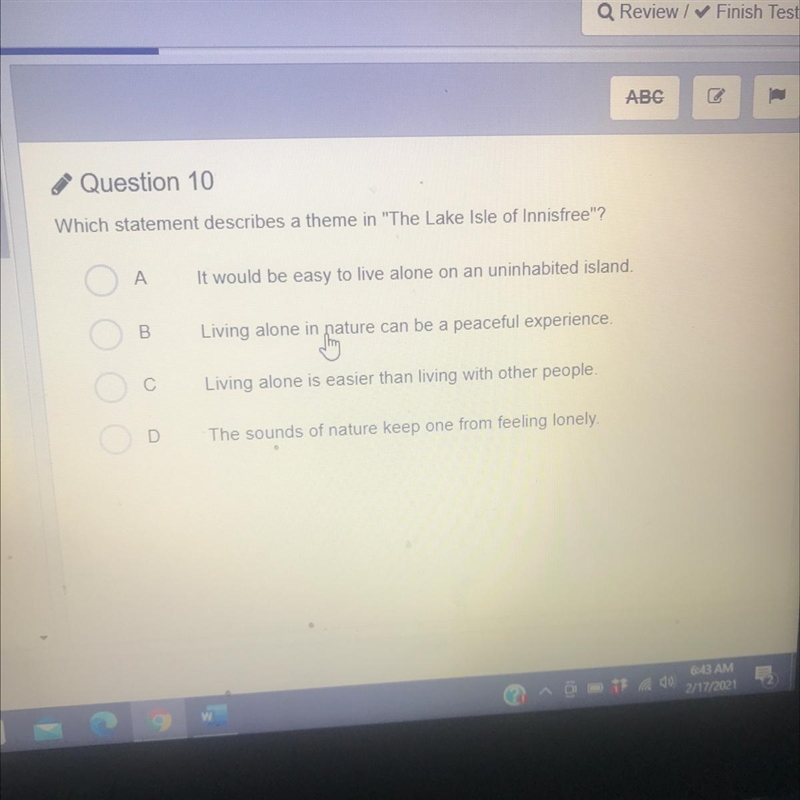 Which statement describes a theme in "The Lake Isle of Innisfree"? help-example-1