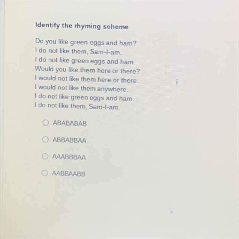 Do you like green eggs and ham? I do not like them, Sam-l-am. I do not like green-example-1