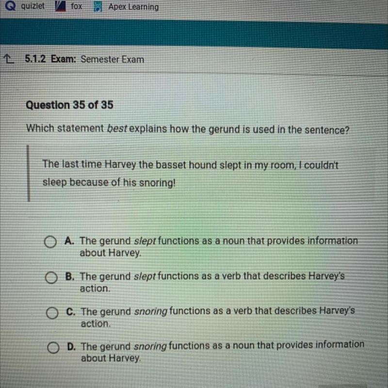 Which statement best explains how the gerund is used in the sentence? The last time-example-1