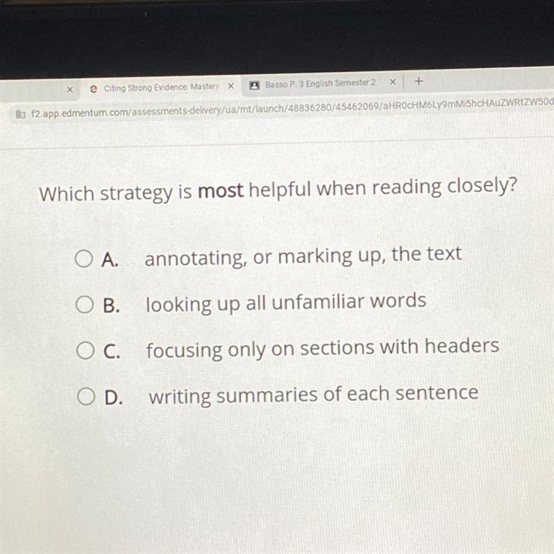 Which strategy is most helpful when reading closely?-example-1