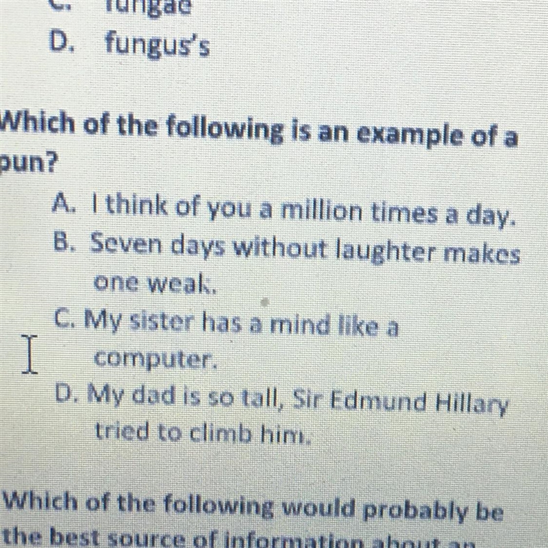 8. Which of the following is an example of a pun? A. I think of you a million times-example-1