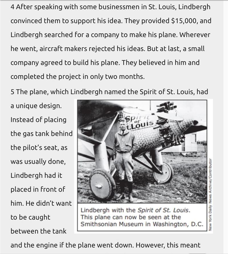 . The main idea of paragraphs 4 and 5 is that the Spirit of St. Louis was — rejected-example-1