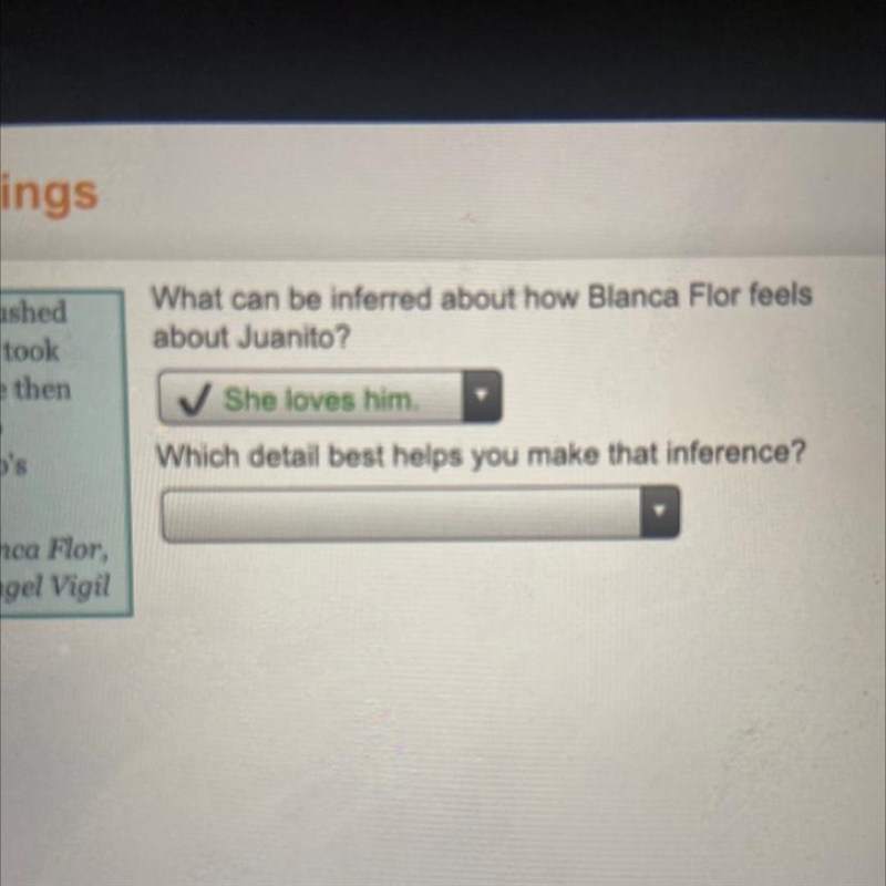 What can be inferred about how Blanca Flor feels about Juanito? Which detail best-example-1