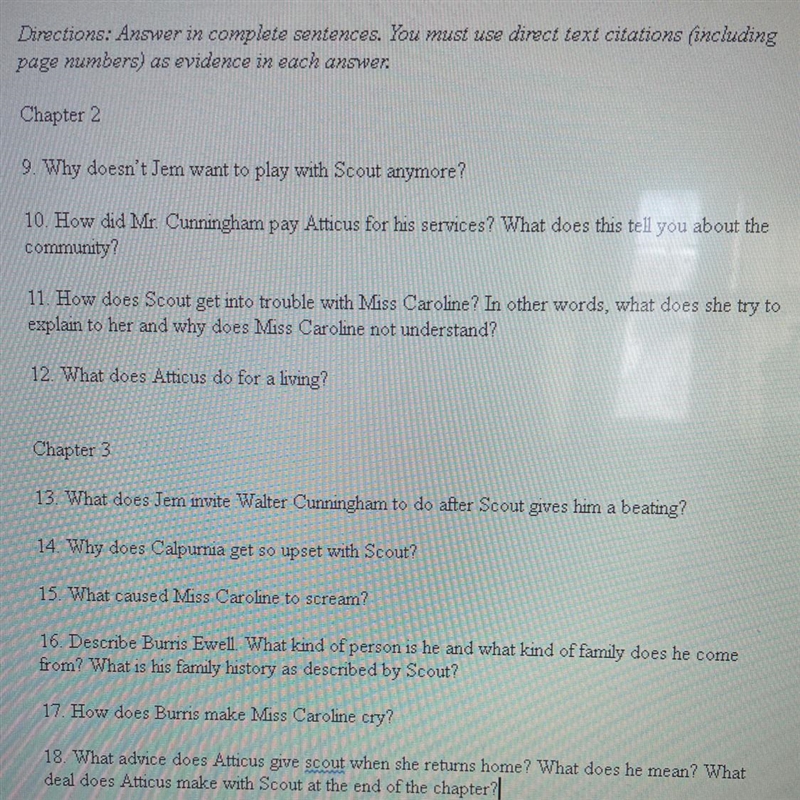 To Kill a Mockingbird: Text-dependent questions Directions. Answer in complete sentences-example-1