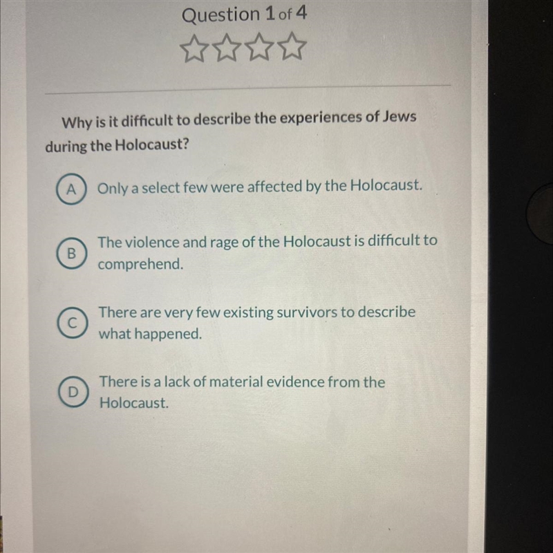 Why is it difficult to describe the experiences of Jews during the Holocaust? A) Only-example-1