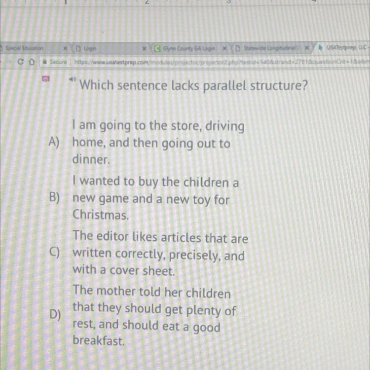 Which sentence lacks parallel structure?-example-1