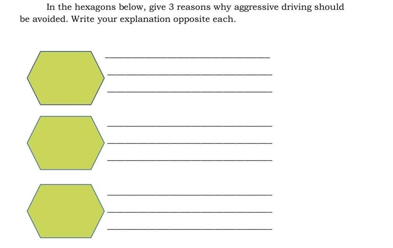 In the hexagons below, give 3 reasons why aggressive driving should be avoided. Write-example-1