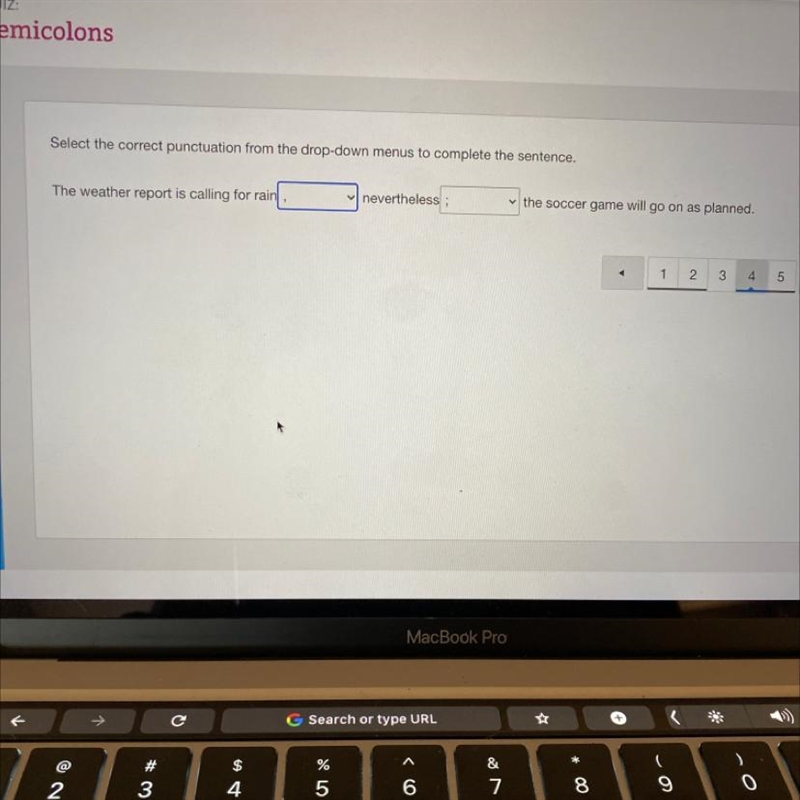 Select the correct punctuation from the drop-down menus to complete the sentence. The-example-1