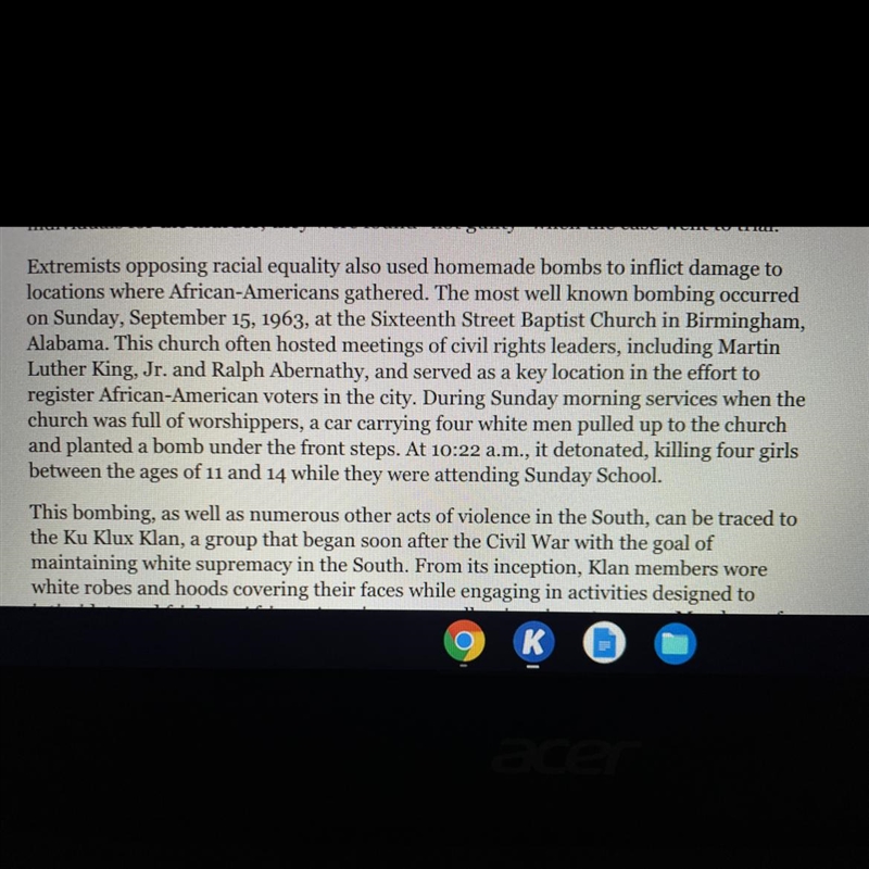 PLEASE HELP Infer why the white men decided to bomb the church on a Sunday morning-example-1