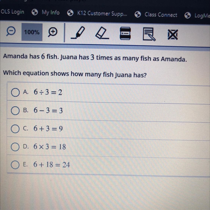 Amanda has 6 fish. Juana has 3 times as many fish as Amanda. Which equation shows-example-1