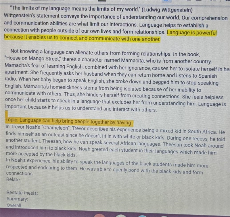 Essay Prompt: Power of Language Need Help in: - Topic Sentence in 2nd body (I have-example-1