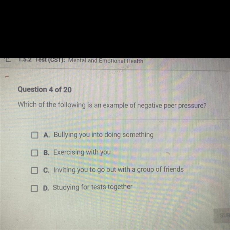 Which of the following is an example of negative peer pressure Answer ASAP-example-1