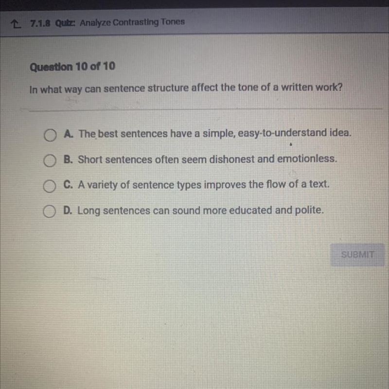 In what way can sentence structure affect the tone ofa written work?-example-1