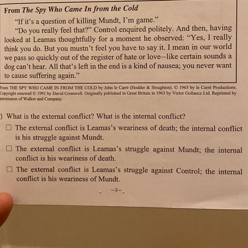 What is the external conflict? What is the internal conflict? The external is Leamas-example-1