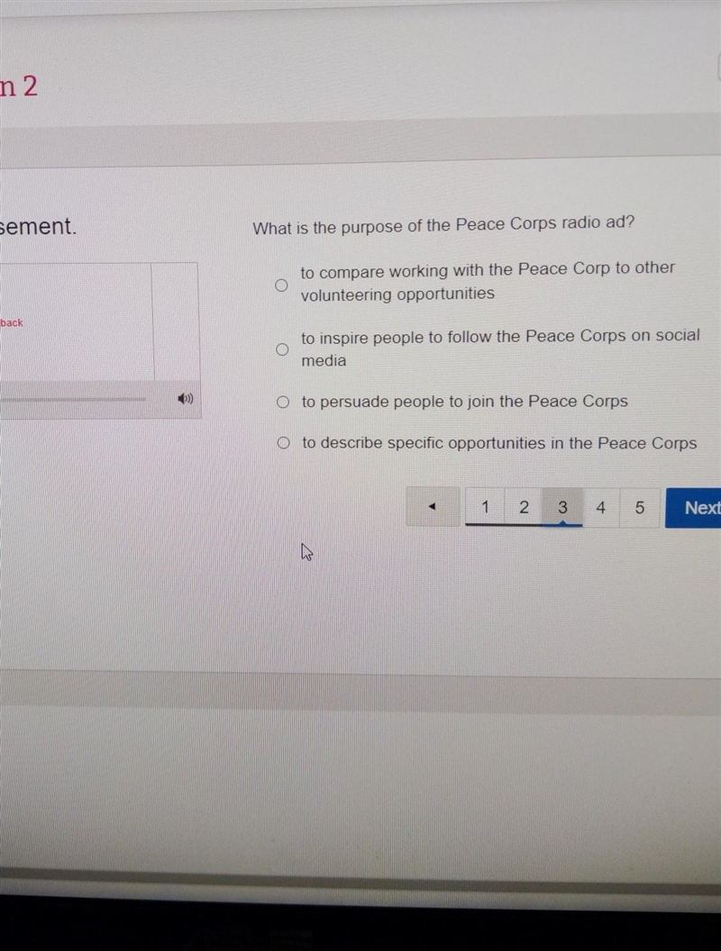 Review the radio advertisement. What is the purpose of the Peace Corps radio ad?​-example-1