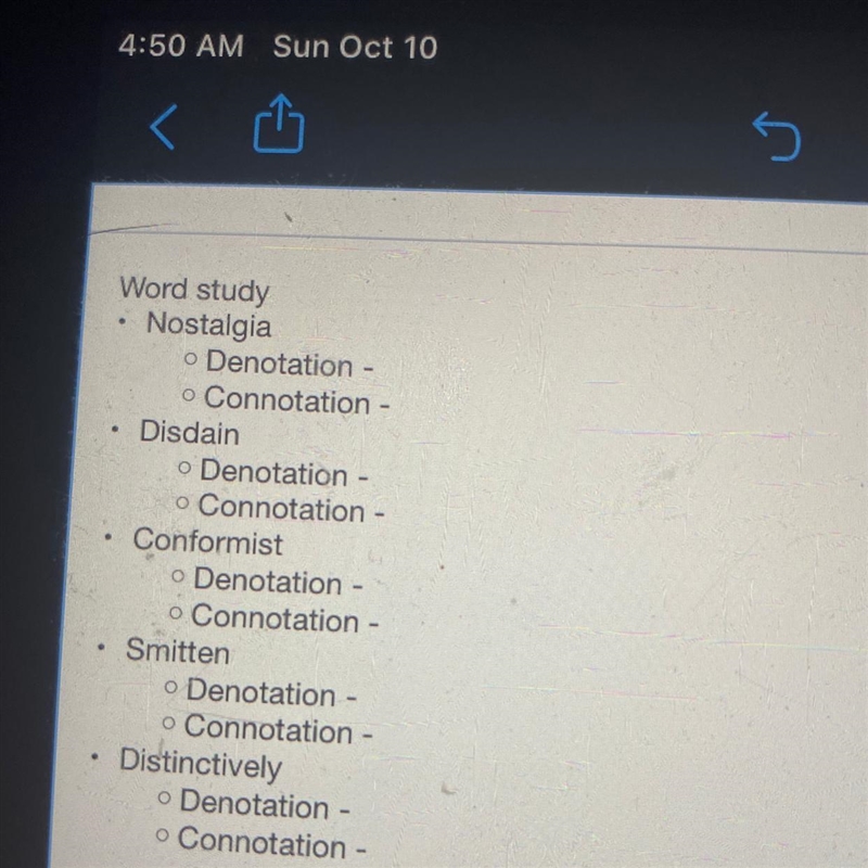 I need the denotation and connotation definition of each word and a sentence that-example-1