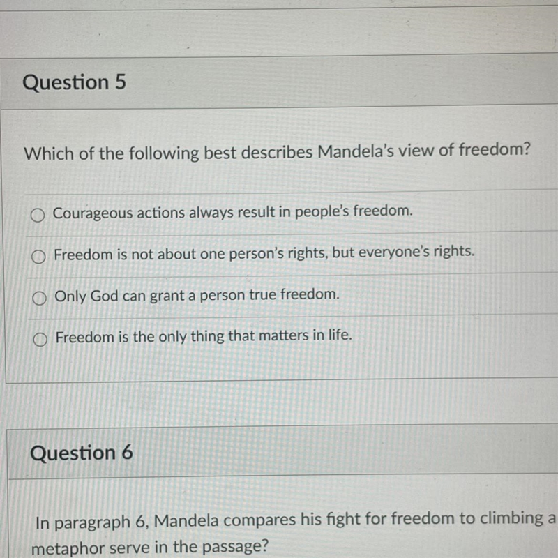 Which of the following best describes Mandela's view of freedom?-example-1