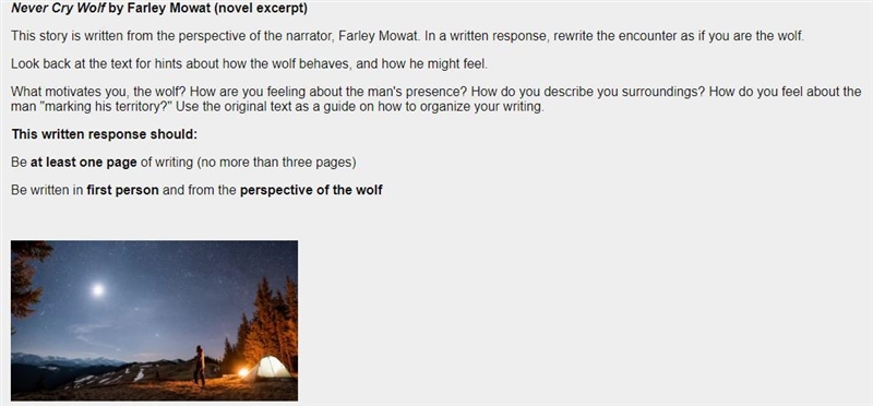 If someone already read Never Cry Wolf by Farley Mowat (novel excerpt) Help me-example-1