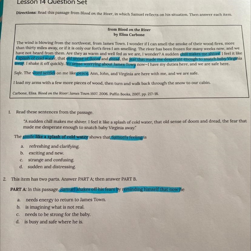 ELA Grade 6 Module 3 LESSON 14 QUESTION SET BLOOD ON THE RIVER answers plz!!!!-example-1