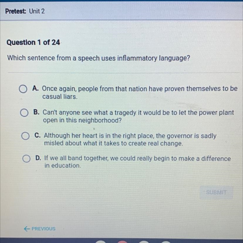 Which sentence from a speech uses inflammatory lạnguage?-example-1