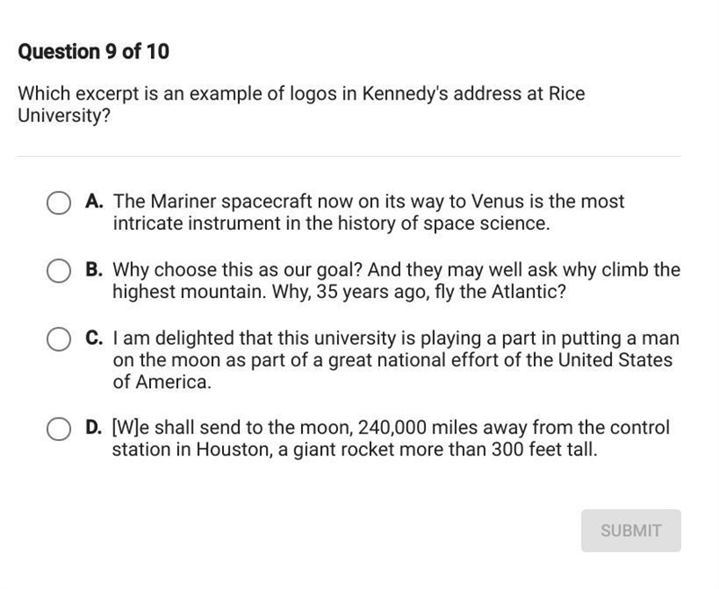 Which excerpt is an example of logos in Kennedy's address at Rice University?-example-1