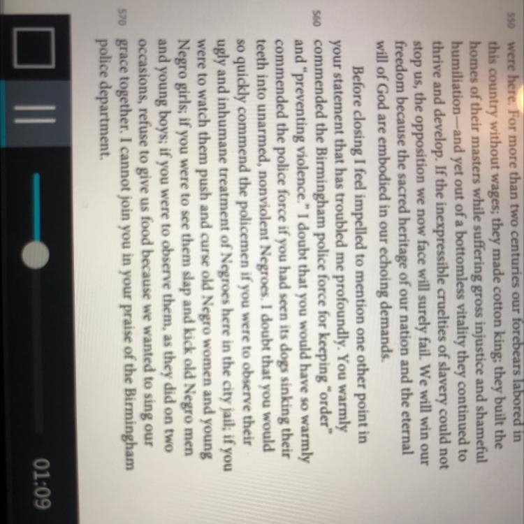 Lines 558-571: What counterclaim in the clergymen's letter is King addressing here-example-1