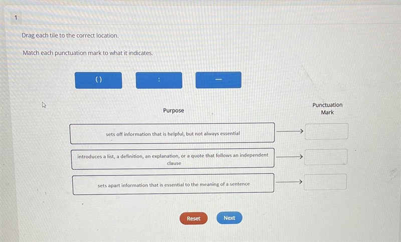 Match each punctuation mark to what it indicates-example-1