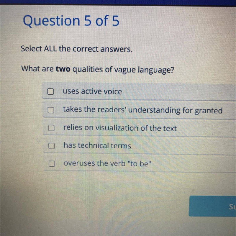 Select ALL the correct answers. What are two qualities of vague language? uses active-example-1