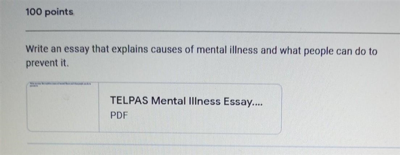 Write an essay that explains causes of mental illness and what people can do to prevent-example-1